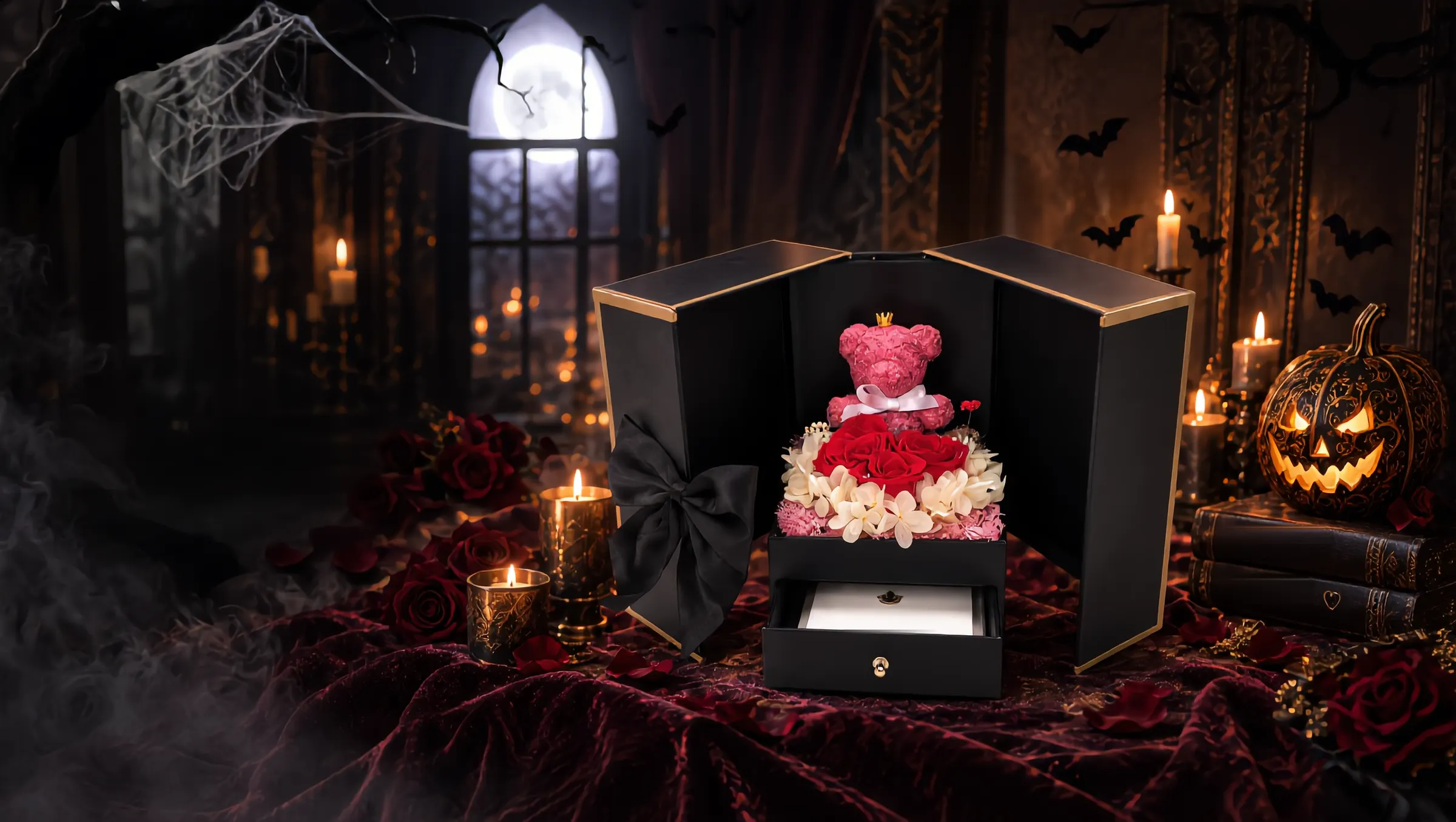 BoxBloom Halloween Geschenkbox mit rosa Bär, roten Rosen und schwarzer Schleife vor Vollmondfenster mit Kerzen und Kürbis