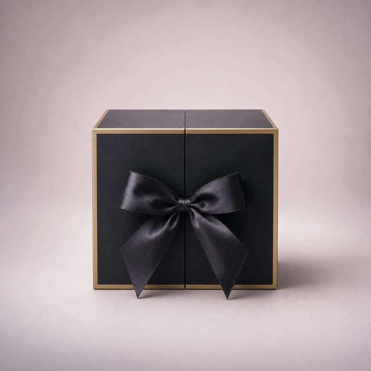 Die Jahrestag-Geschenkbox – erster Eindruck Luxuriöse Jahrestag-Geschenkbox geschlossen mit schwarzer Satinschleife – romantisches Geschenk für sie