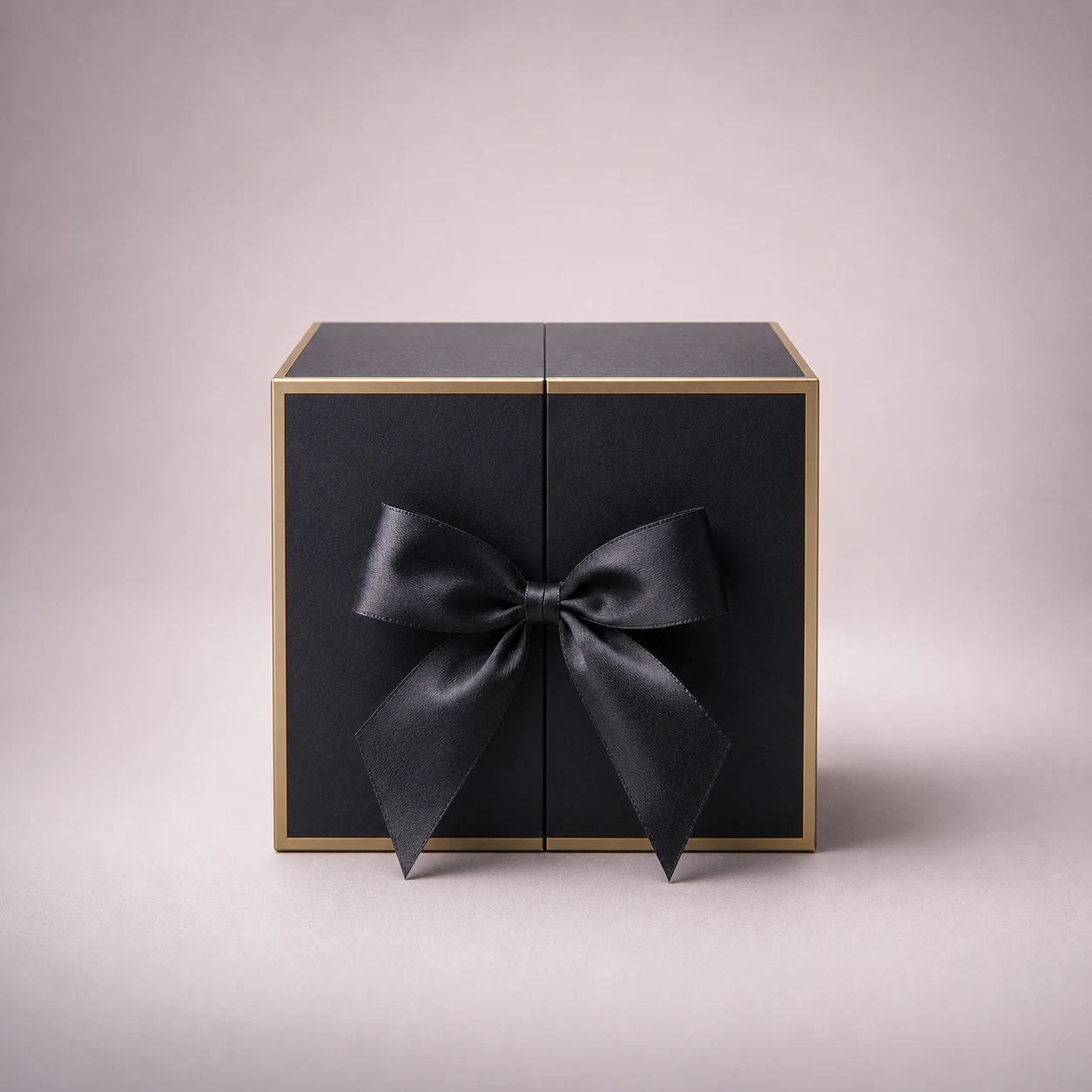 Luxuriöse Jahrestag-Geschenkbox geschlossen mit schwarzer Satinschleife – romantisches Geschenk für sie
