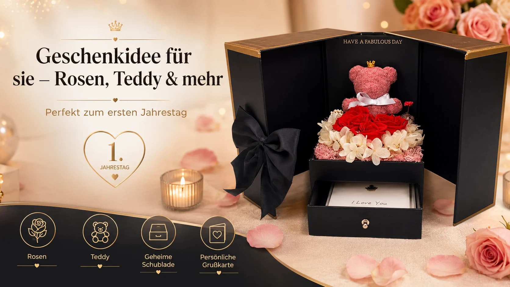 Geschenkidee für Freundin zum Jahrestag – konservierte Rosen und Teddybär