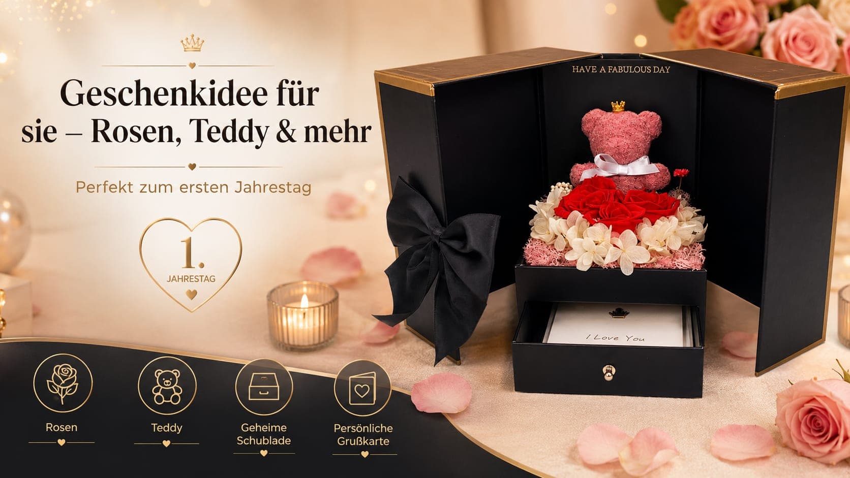 Geschenkidee für Freundin zum Jahrestag – konservierte Rosen und Teddybär