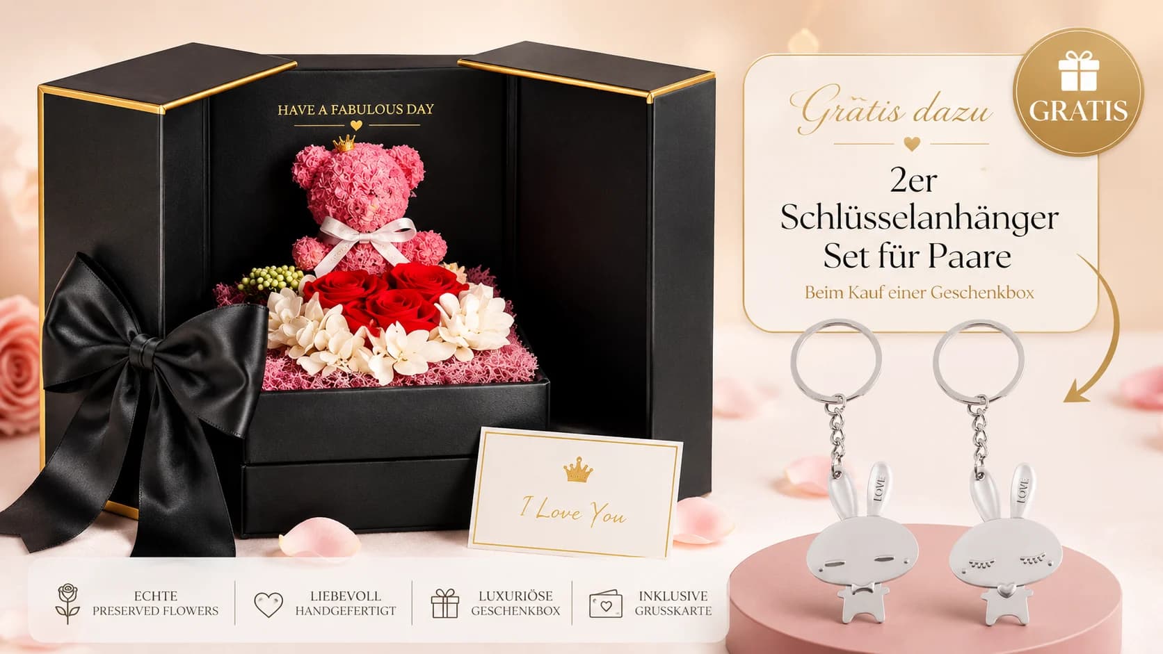 BoxBloom Geschenkbox mit Rosen-Teddy und Grußkarte – gratis dazu: 2er-Schlüsselanhänger-Set für Paare