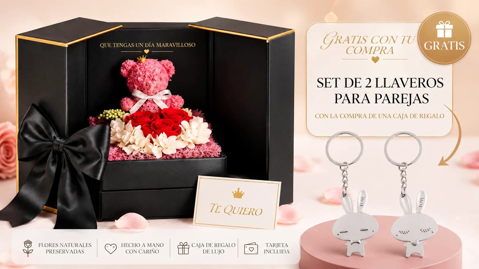 Caja de regalo BoxBloom con osito de rosas y tarjeta – gratis con tu compra: set de 2 llaveros para parejas